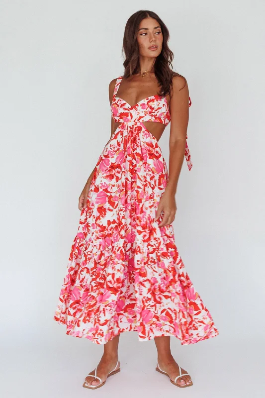 Sun Seeker Tied Shoulder Cut-Out Maxi Dress Floral Red