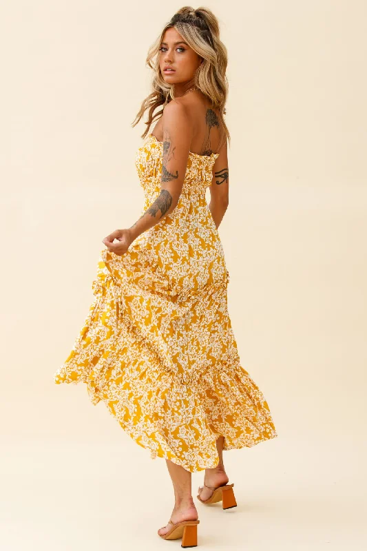 Take Me Away Strapless Maxi Dress Floral Print Mustard