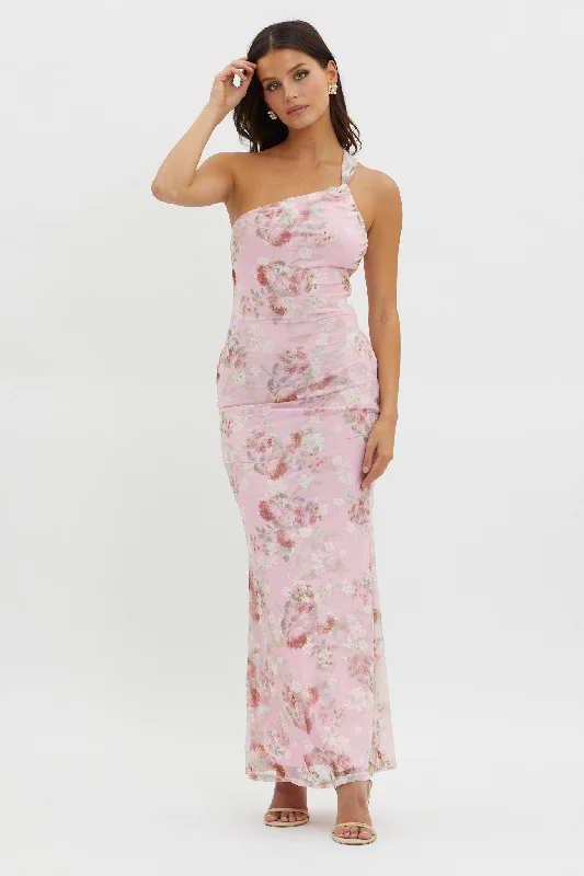 Tatum One-Shoulder Mesh Maxi Dress Pink