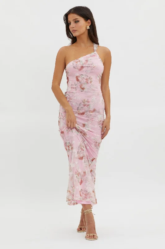 Tatum One-Shoulder Mesh Maxi Dress Pink