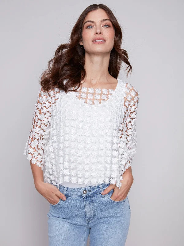 Textured Crochet Flower Top - White