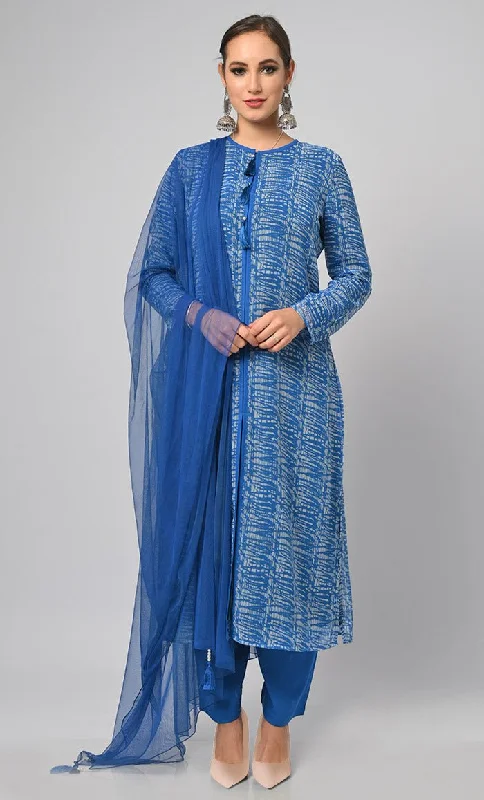 Tie & Dye Effect Printed Salwar Kameez Set With Net Dupatta