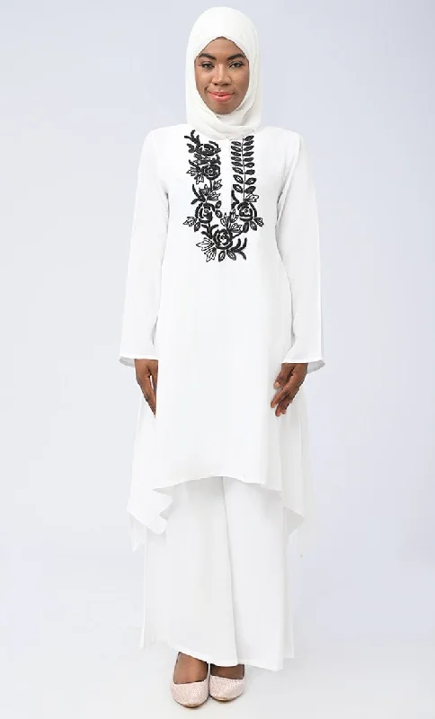 White Modest Islamic Embroidered Set With Hijab