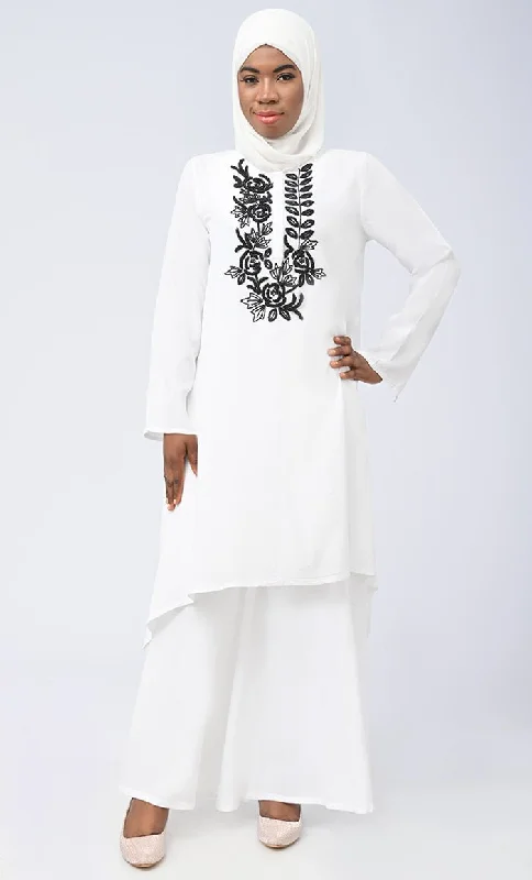 White Modest Islamic Embroidered Set With Hijab