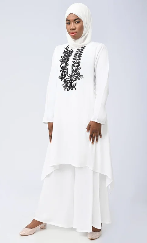 White Modest Islamic Embroidered Set With Hijab