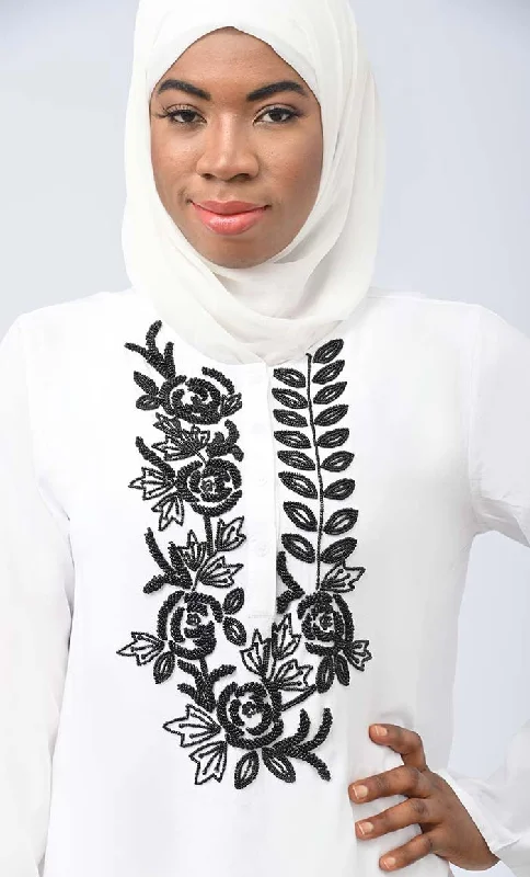 White Modest Islamic Embroidered Set With Hijab