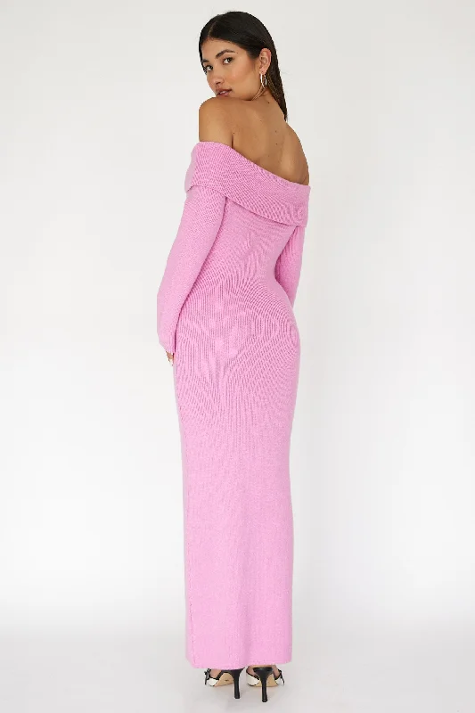 Winter Wonder Off-Shoulder Knit Maxi Dress Pink