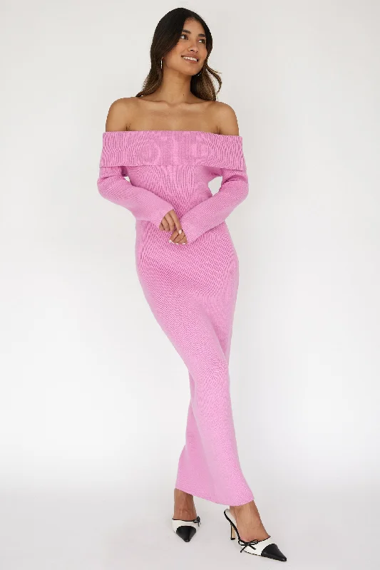 Winter Wonder Off-Shoulder Knit Maxi Dress Pink