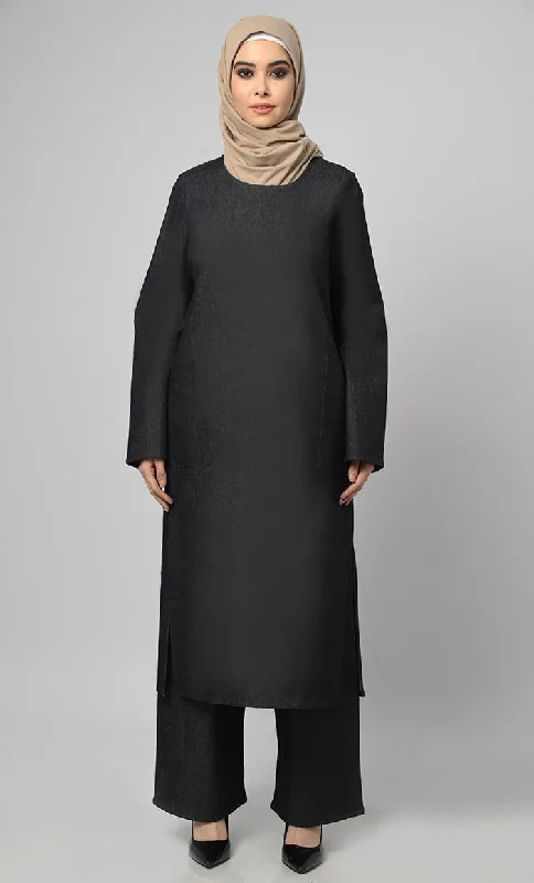 Women's 2Pc Denim Abaya With Pockets Included