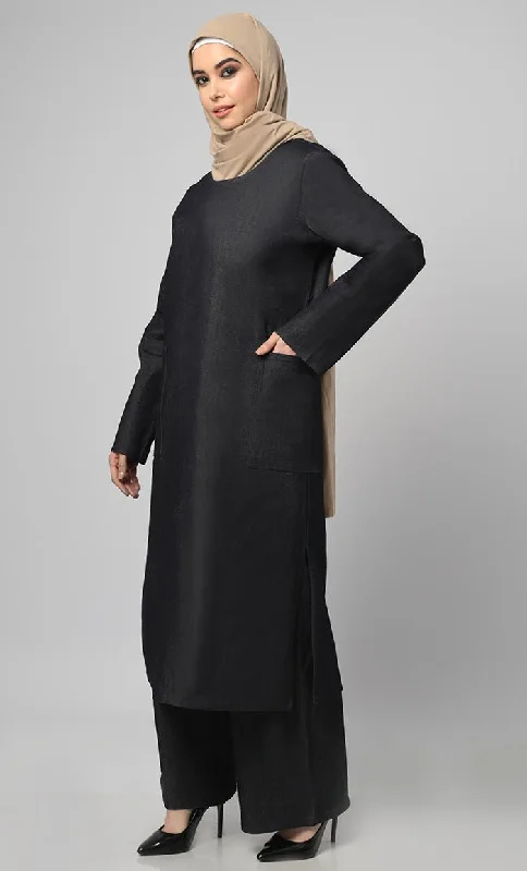 Women's 2Pc Denim Abaya With Pockets Included