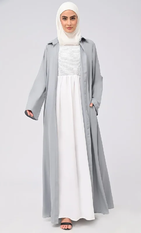 Women's Abaya With Smoking Detailing Inner And Button Down Bisht/Shrug With Pockets