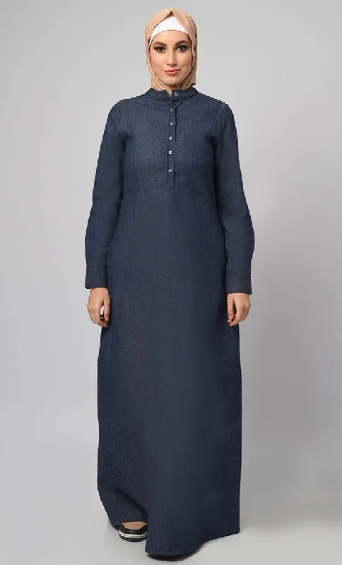 Women's Front Button Detailing Denim Abaya With Pockets Included