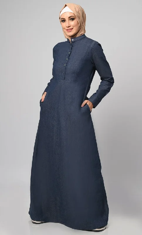 Women's Front Button Detailing Denim Abaya With Pockets Included