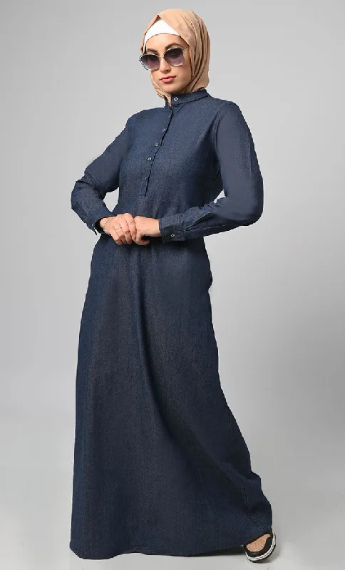 Women's Front Button Detailing Denim Abaya With Pockets Included