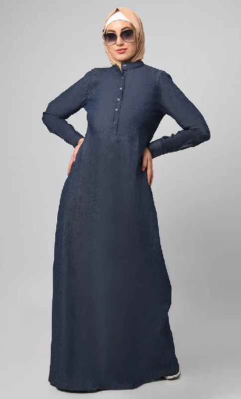 Women's Front Button Detailing Denim Abaya With Pockets Included