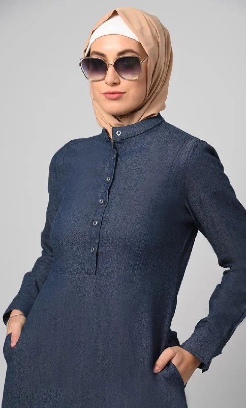 Women's Front Button Detailing Denim Abaya With Pockets Included