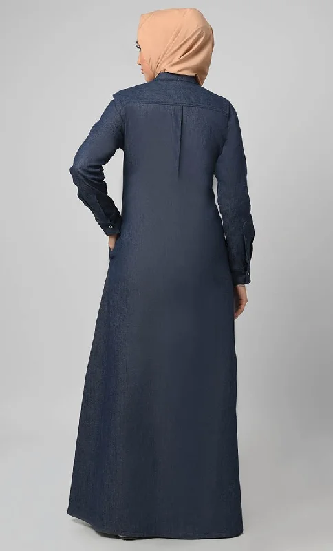 Women's Front Button Detailing Denim Abaya With Pockets Included