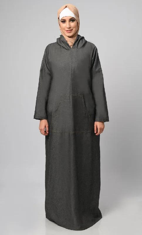 Women's Hooded Denim Abaya With Front Pockets Included