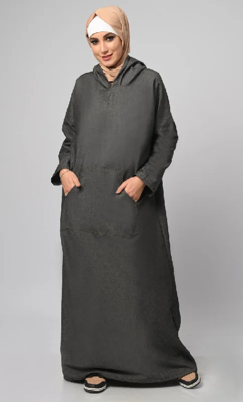 Women's Hooded Denim Abaya With Front Pockets Included