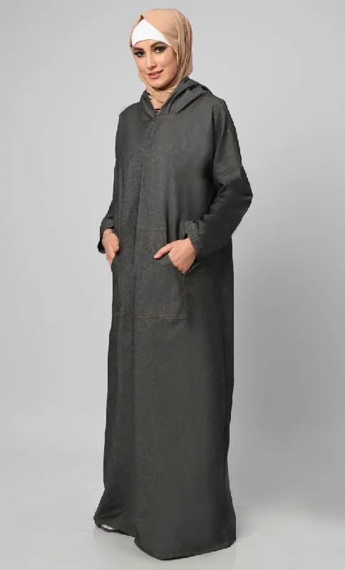 Women's Hooded Denim Abaya With Front Pockets Included