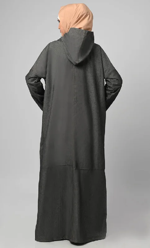 Women's Hooded Denim Abaya With Front Pockets Included