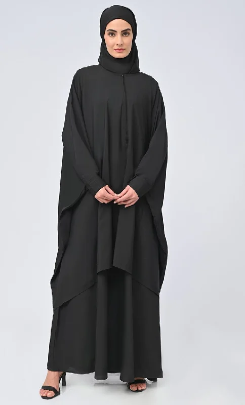 Women's Islamic Front Zipper Double Layer Dress For Women (2Pcset+Hijab)