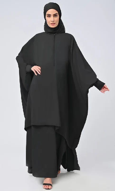 Women's Islamic Front Zipper Double Layer Dress For Women (2Pcset+Hijab)