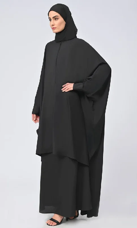 Women's Islamic Front Zipper Double Layer Dress For Women (2Pcset+Hijab)