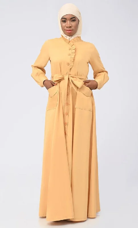 Women's Modest Islamic Twill Frill Detailing Button Down Abaya