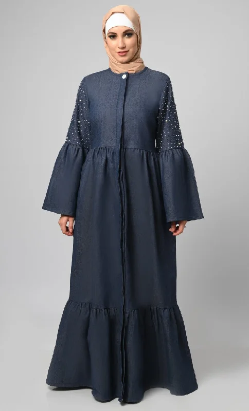 Women's Pearl Work Detailing Tiered Button Down Denim Abaya