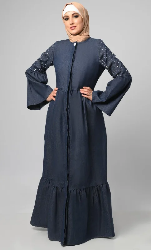 Women's Pearl Work Detailing Tiered Button Down Denim Abaya