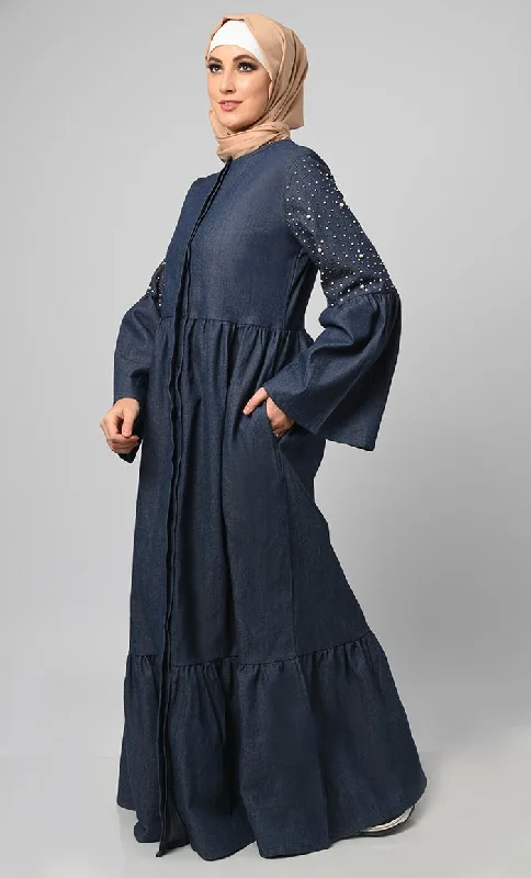 Women's Pearl Work Detailing Tiered Button Down Denim Abaya