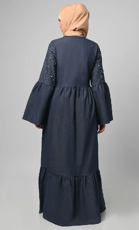 Women's Pearl Work Detailing Tiered Button Down Denim Abaya