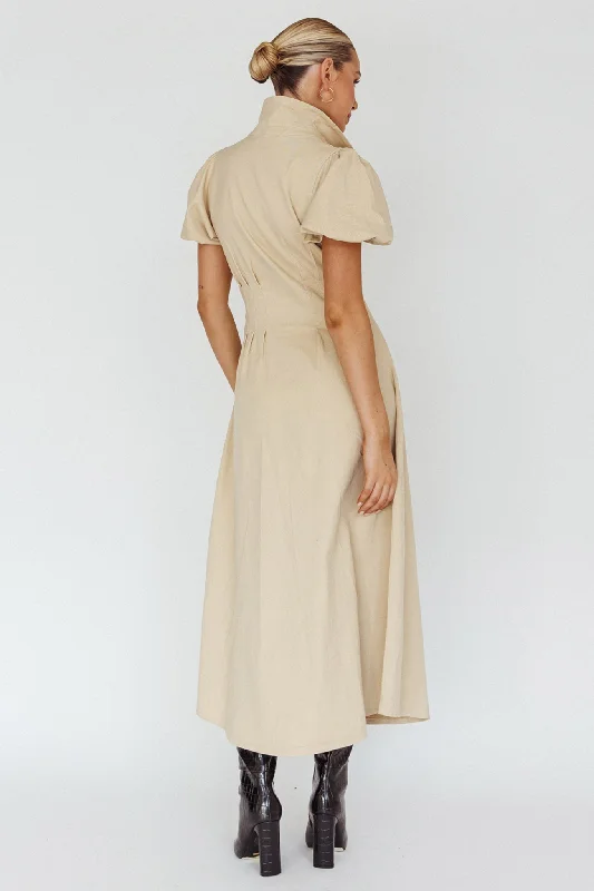 Zurich Pleated Waist Midi Dress Beige