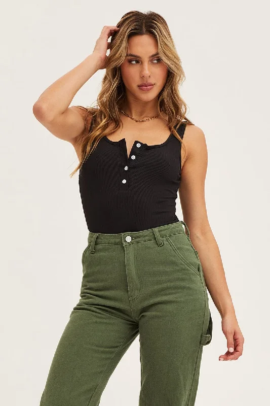 Black Button Front Rib Bodysuit