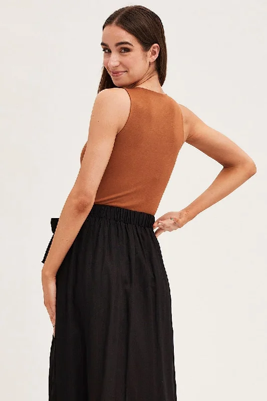 Brown Round Neck Sleeveless Bodysuit