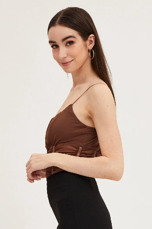 Brown Sleeveless Corset Look Waist Detail Mesh Bodysuit