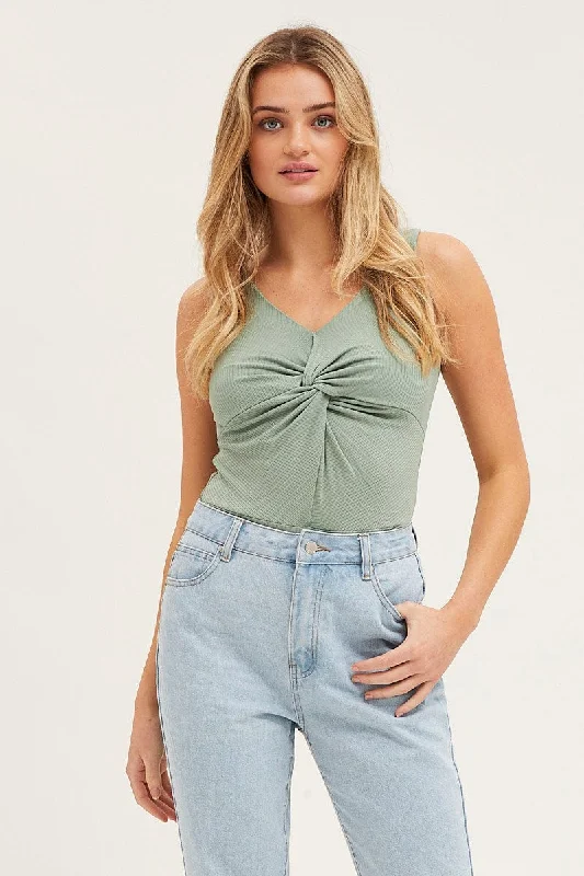 Green Rib V Neck Sleeveless Twist Front Bodysuit