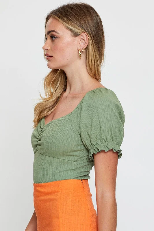 Green Ruched Bodysuit Puff Sleeve