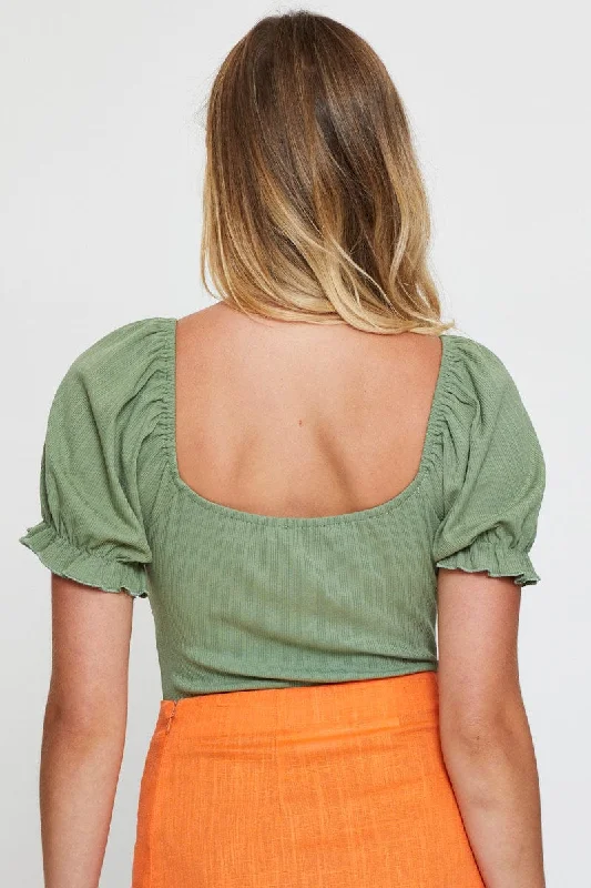 Green Ruched Bodysuit Puff Sleeve