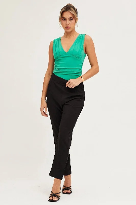 Green V Neck Front Ruched Waist Bodysuit