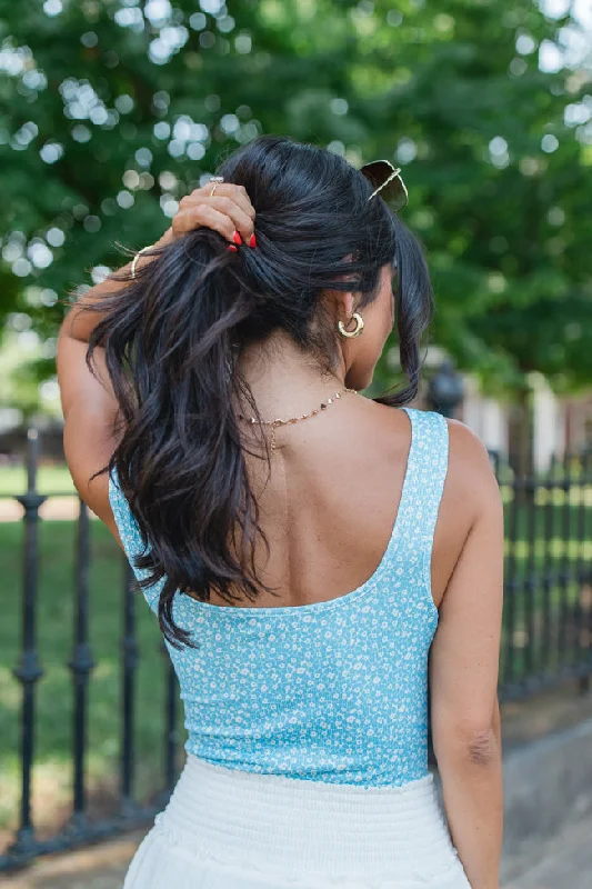 Pickin' Wildflowers Blue Ribbed Knit Floral Tank Bodysuit