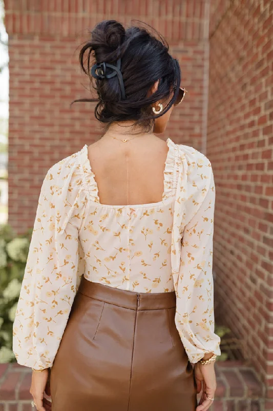 Show Me The Way Tan Ruched Balloon Sleeve Floral Bodysuit