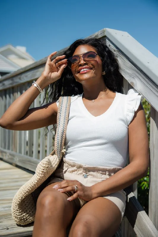 Tide To The Moon Ivory Ruffle Sleeve Ribbed Top