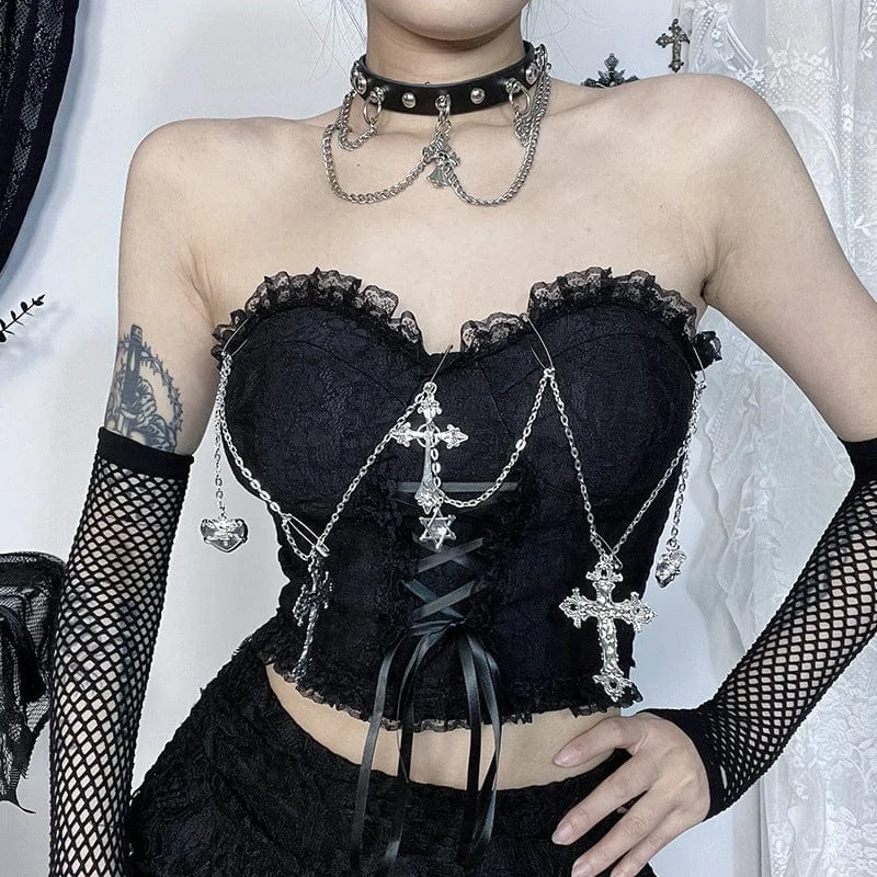 Women's Gothic Cross Chain Lace Bustier