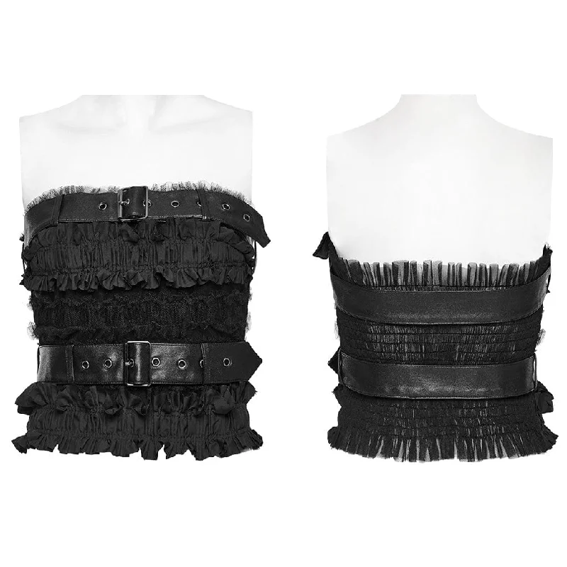 Women's Gothic Ruffled Mesh Black Bustier with Belts