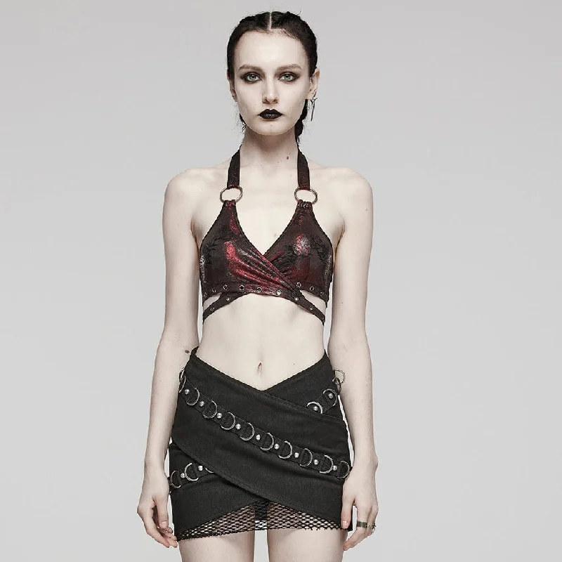 Women's Punk Ring Eyelet Halter Bustier Maroon