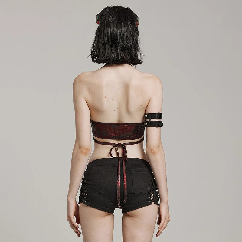 Women's Punk Ring Eyelet Halter Bustier Maroon