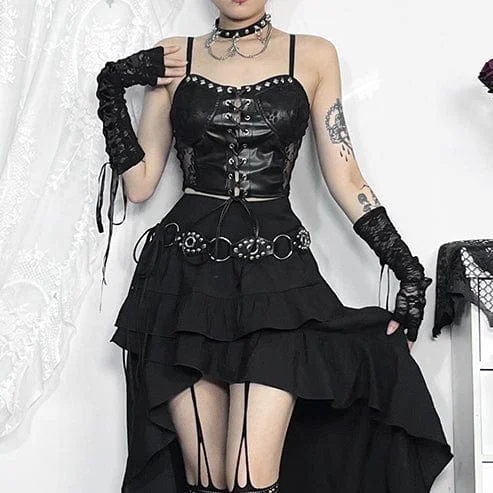 Women's Punk Studded Lace Splice Faux Leather Bustier