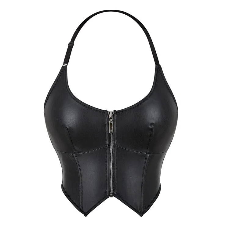 Women's Punk Zipper Halterneck Faux Leather Bustier